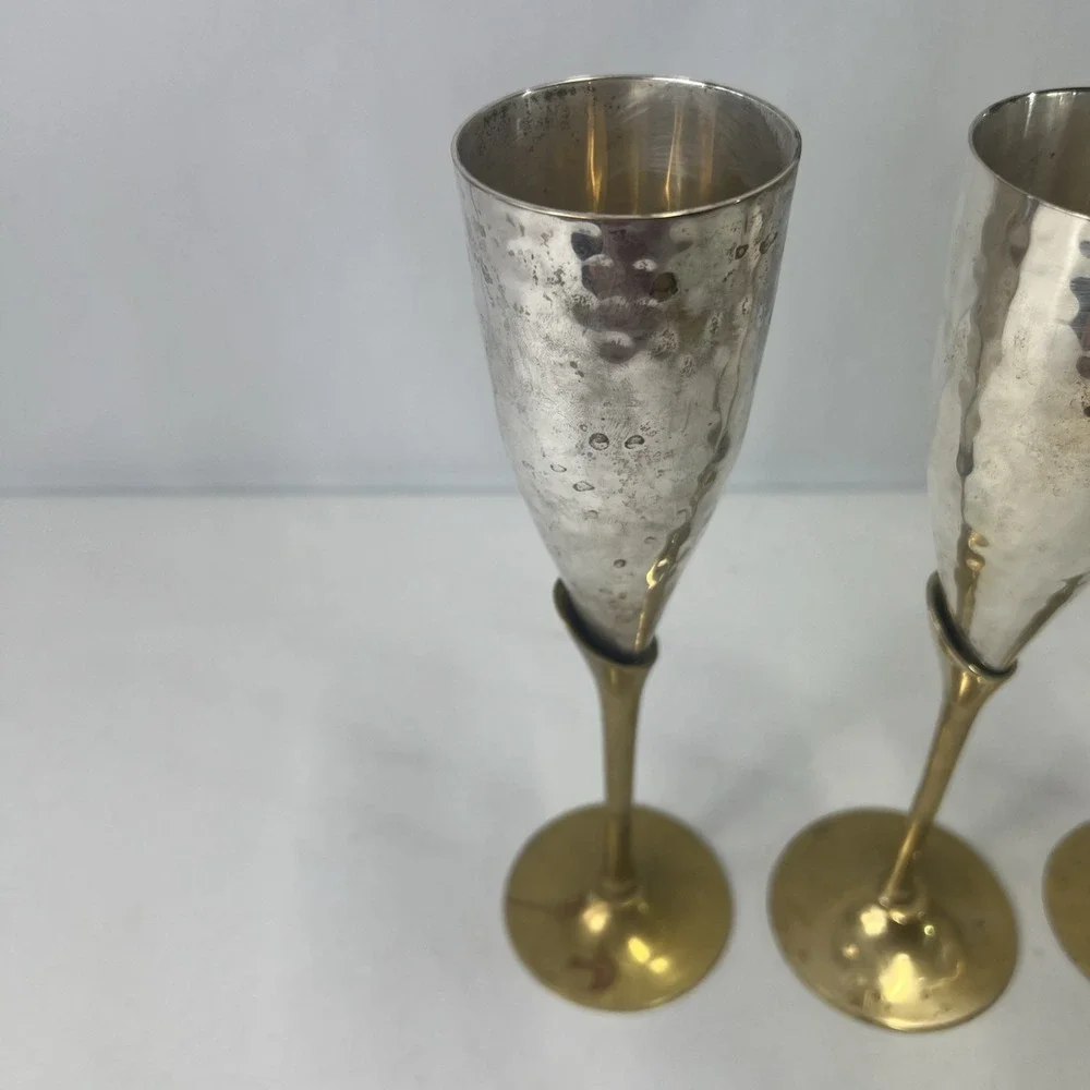 Vintage Art Deco Style Brass & Silverplate Champagne Flute.‎ Set Of 4. Heavy.